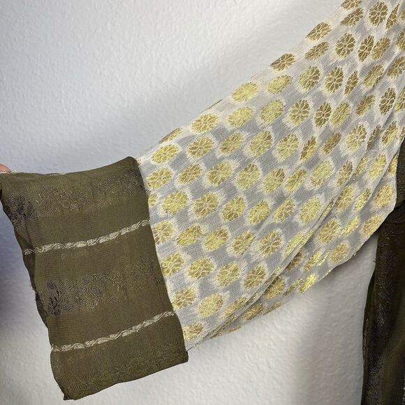 ZARA Kimono Size Medium Printed Lapel Long Open Front Patchwork Shimmer Boho - Picture 4 of 8